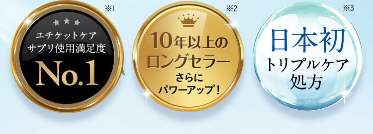 エチケットケアサプリ使用満足度 No.1※1 10年以上のロングセラー さらにパワーアップ！※2 日本初トリプルケア処方※3